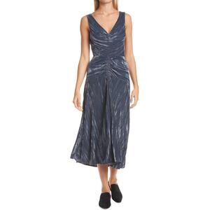 Vince Ruched Panel V-neck Pleated Velvet Midi Dress In Blue Size 10